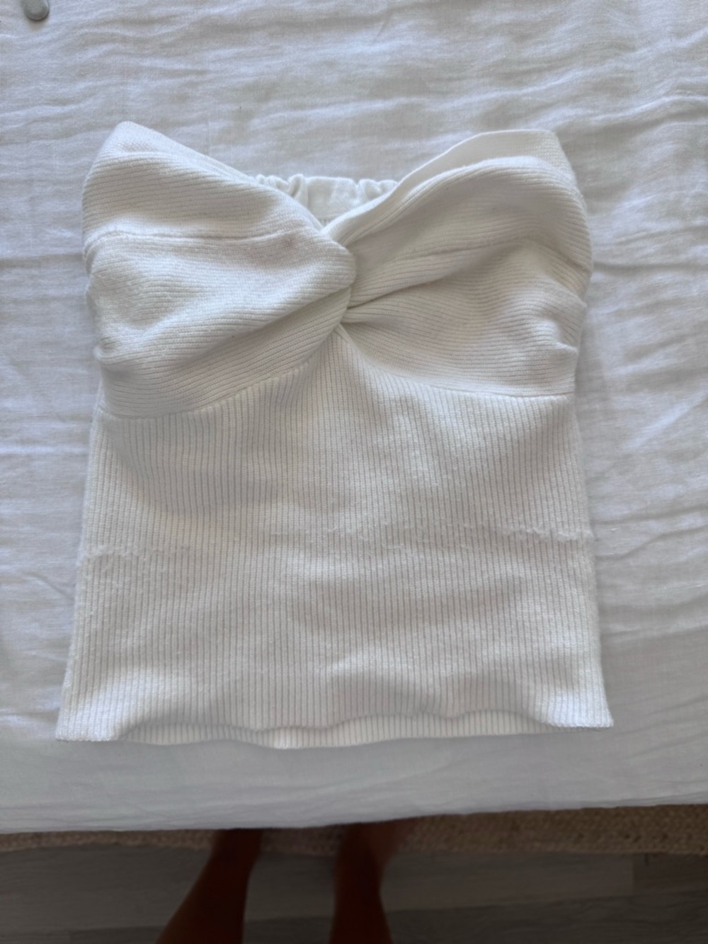 White Strapless Twist-Front Knit Skirt
